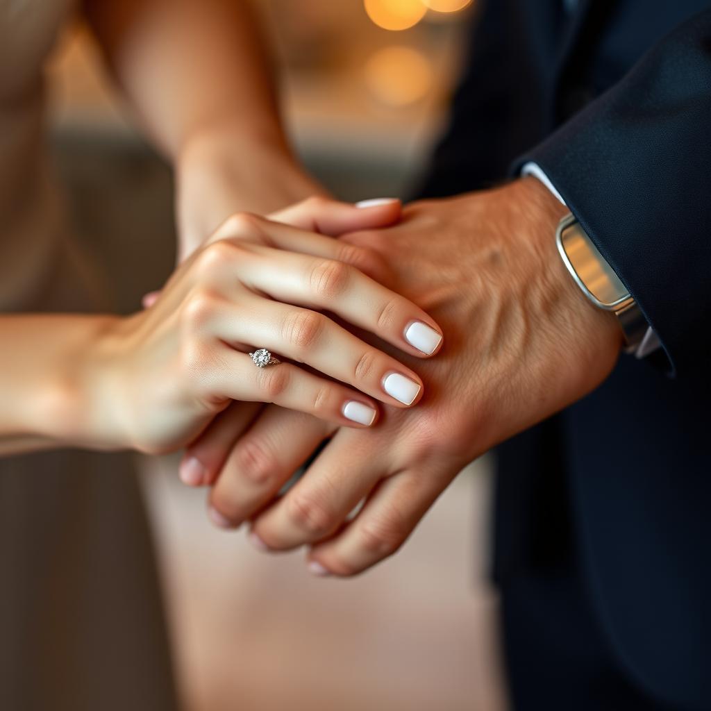 A close-up view of two hands clasped together, adorned with elegant rings