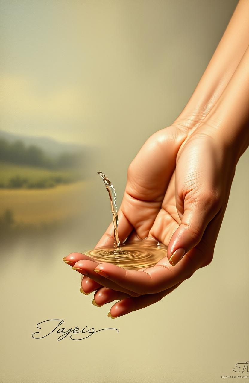 A classical painting style depicting two sets of hands in a dynamic composition, one hand pouring water into the other