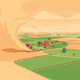 A pixel art scene featuring a village immersed in fields, with a sandstorm approaching from the left side
