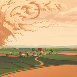 A pixel art scene featuring a village immersed in fields, with a sandstorm approaching from the left side