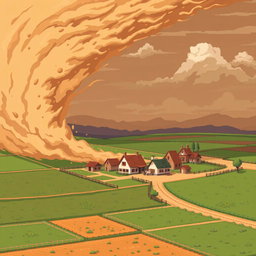 A pixel art scene featuring a village immersed in fields, with a sandstorm approaching from the left side