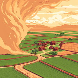 A pixel art scene featuring a village immersed in fields, with a sandstorm approaching from the left side
