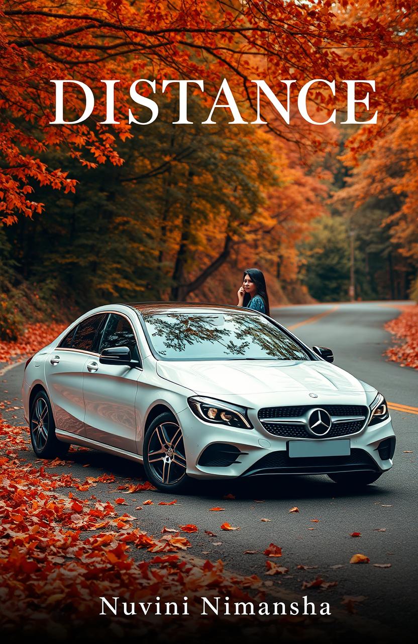 A sleek Benz CT 100 parked gracefully by the side of a winding road, surrounded by a tapestry of vibrant autumn maple leaves that have fallen, creating a picturesque scene