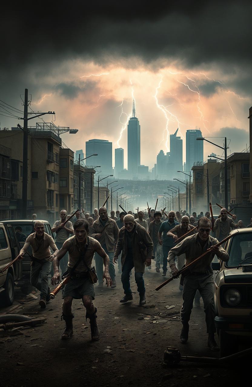 A dark and atmospheric scene set in Johannesburg, showcasing a post-apocalyptic urban landscape overrun by zombies