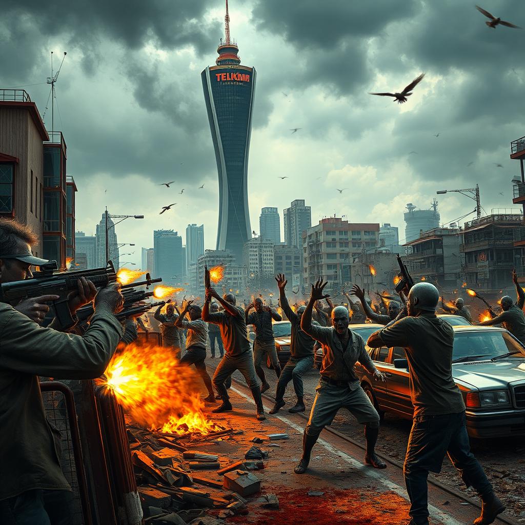 An intense scene depicting a vibrant post-apocalyptic Johannesburg cityscape featuring the iconic Telkom Tower prominently in the background