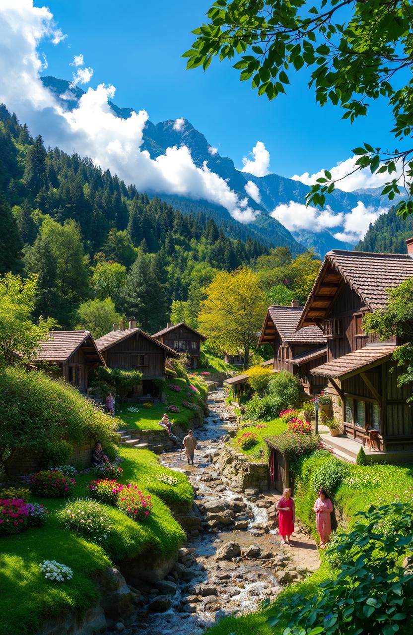 A beautiful hidden village nestled in the mountains, surrounded by lush green forests and misty landscapes
