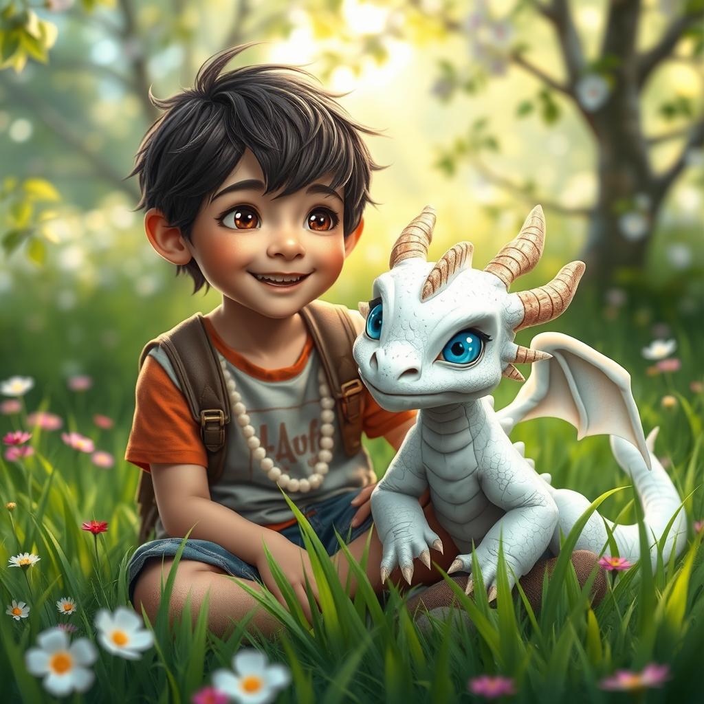 A charming fantasy scene featuring a young teenage boy with an adventurous spirit, sitting in a lush green meadow