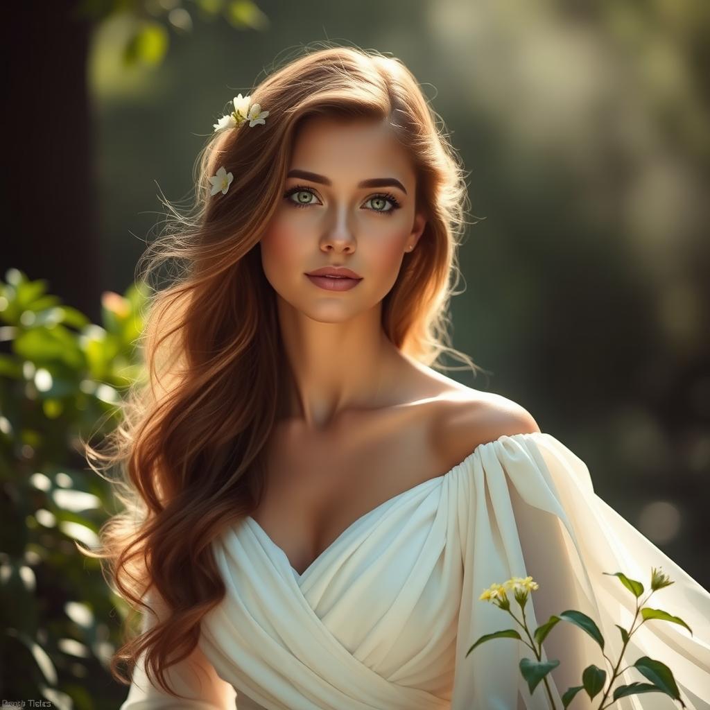 A stunning portrait of a young woman with a serene expression, dressed in an elegant, flowing white gown that symbolizes purity