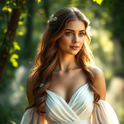 A stunning portrait of a young woman with a serene expression, dressed in an elegant, flowing white gown that symbolizes purity