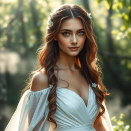 A stunning portrait of a young woman with a serene expression, dressed in an elegant, flowing white gown that symbolizes purity