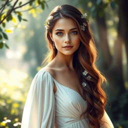 A stunning portrait of a young woman with a serene expression, dressed in an elegant, flowing white gown that symbolizes purity