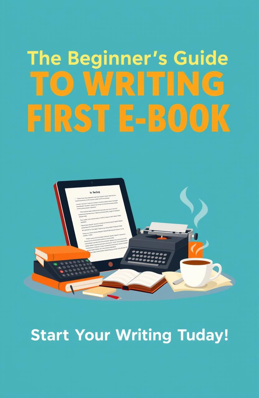 A visually appealing e-book poster design for 'The Beginner's Guide to Writing Your First E-Book'