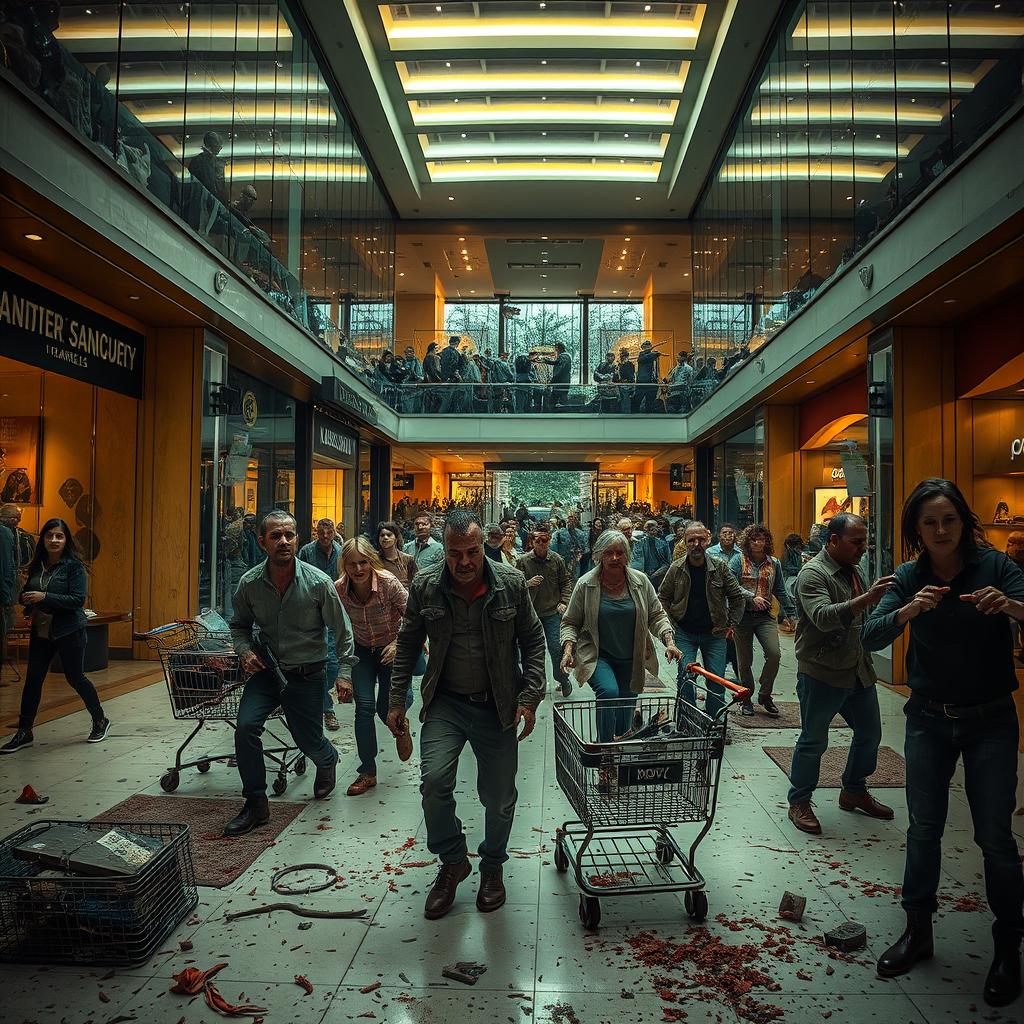 A thrilling and suspenseful scene set inside the luxurious Sandton Mall, now overrun by zombies