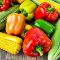A vibrant, colorful arrangement of fresh capsicum (bell peppers) and sweet corn on a rustic wooden table