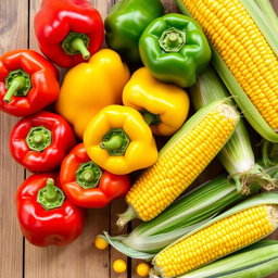 A vibrant, colorful arrangement of fresh capsicum (bell peppers) and sweet corn on a rustic wooden table