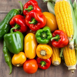 A vibrant, colorful arrangement of fresh capsicum (bell peppers) and sweet corn on a rustic wooden table