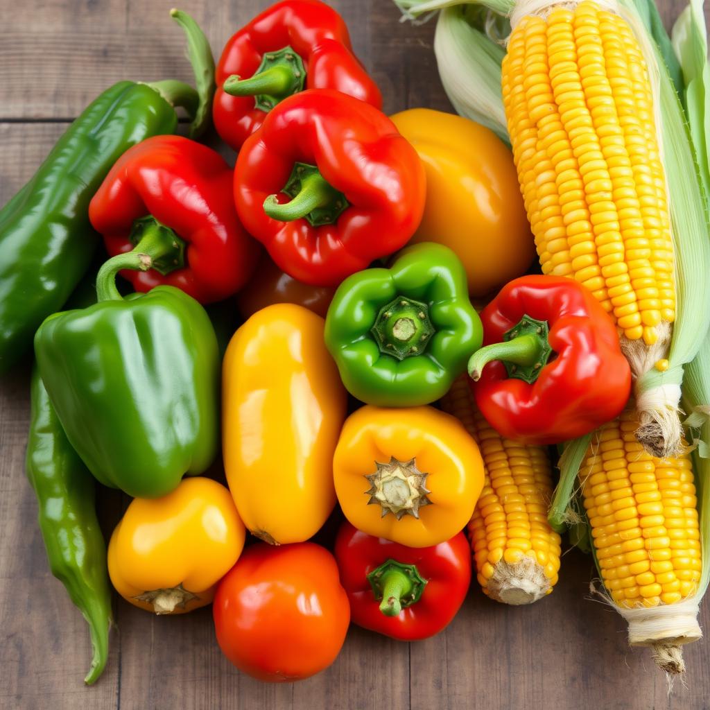 A vibrant, colorful arrangement of fresh capsicum (bell peppers) and sweet corn on a rustic wooden table