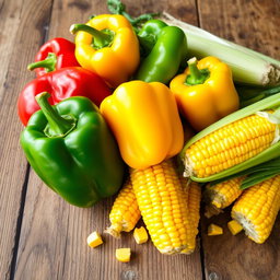 A vibrant, colorful arrangement of fresh capsicum (bell peppers) and sweet corn on a rustic wooden table