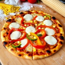A delicious, freshly baked pizza topped with colorful capsicum (bell peppers) and sweet corn