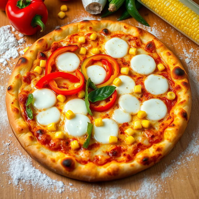 A delicious, freshly baked pizza topped with colorful capsicum (bell peppers) and sweet corn