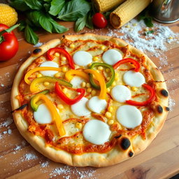 A delicious, freshly baked pizza topped with colorful capsicum (bell peppers) and sweet corn