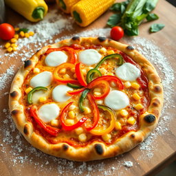 A delicious, freshly baked pizza topped with colorful capsicum (bell peppers) and sweet corn