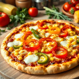 A mouthwatering pizza topped with vibrant, colorful capsicum (bell peppers) and sweet corn