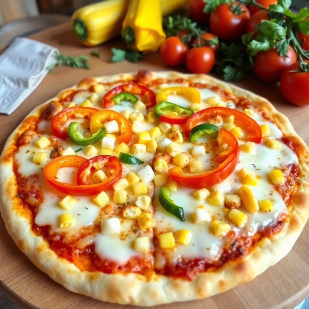 A mouthwatering pizza topped with vibrant, colorful capsicum (bell peppers) and sweet corn
