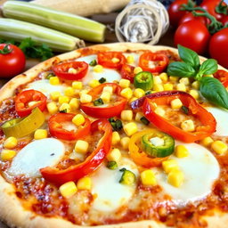 A mouthwatering pizza topped with vibrant, colorful capsicum (bell peppers) and sweet corn