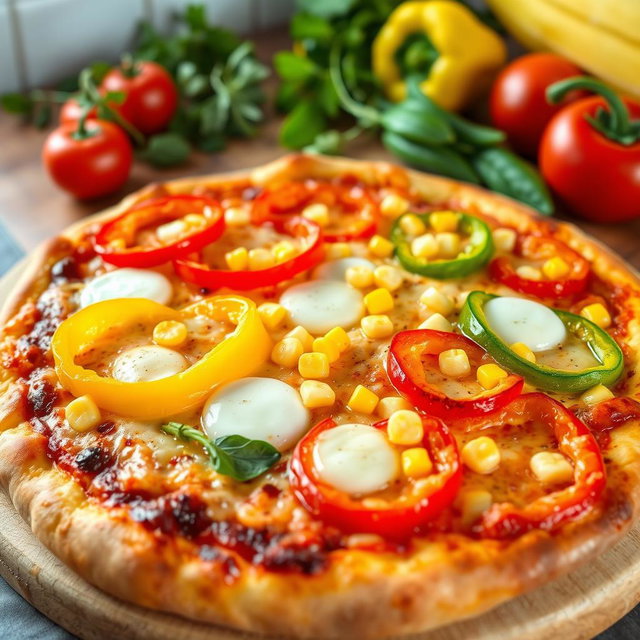 A mouthwatering pizza topped with vibrant, colorful capsicum (bell peppers) and sweet corn
