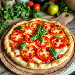 A delicious pizza topped with a vibrant mix of fresh capsicum (bell peppers) and juicy tomatoes