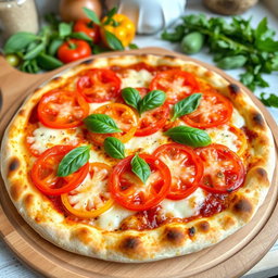 A delicious pizza topped with a vibrant mix of fresh capsicum (bell peppers) and juicy tomatoes