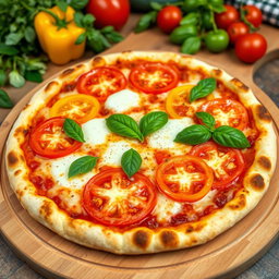 A delicious pizza topped with a vibrant mix of fresh capsicum (bell peppers) and juicy tomatoes