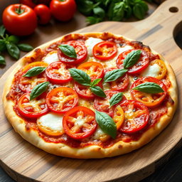 A delicious pizza topped with a vibrant mix of fresh capsicum (bell peppers) and juicy tomatoes