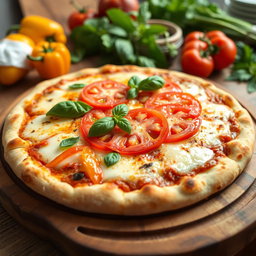 A mouthwatering pizza topped with a vibrant medley of capsicum (bell peppers) and juicy tomatoes