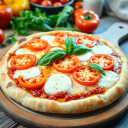 A mouthwatering pizza topped with a vibrant medley of capsicum (bell peppers) and juicy tomatoes