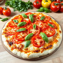 A mouthwatering pizza topped with a vibrant medley of capsicum (bell peppers) and juicy tomatoes