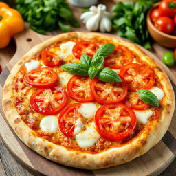 A mouthwatering pizza topped with a vibrant medley of capsicum (bell peppers) and juicy tomatoes