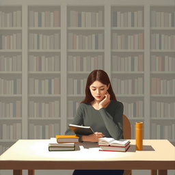 A minimalist and very simple painting of a woman studying in a library