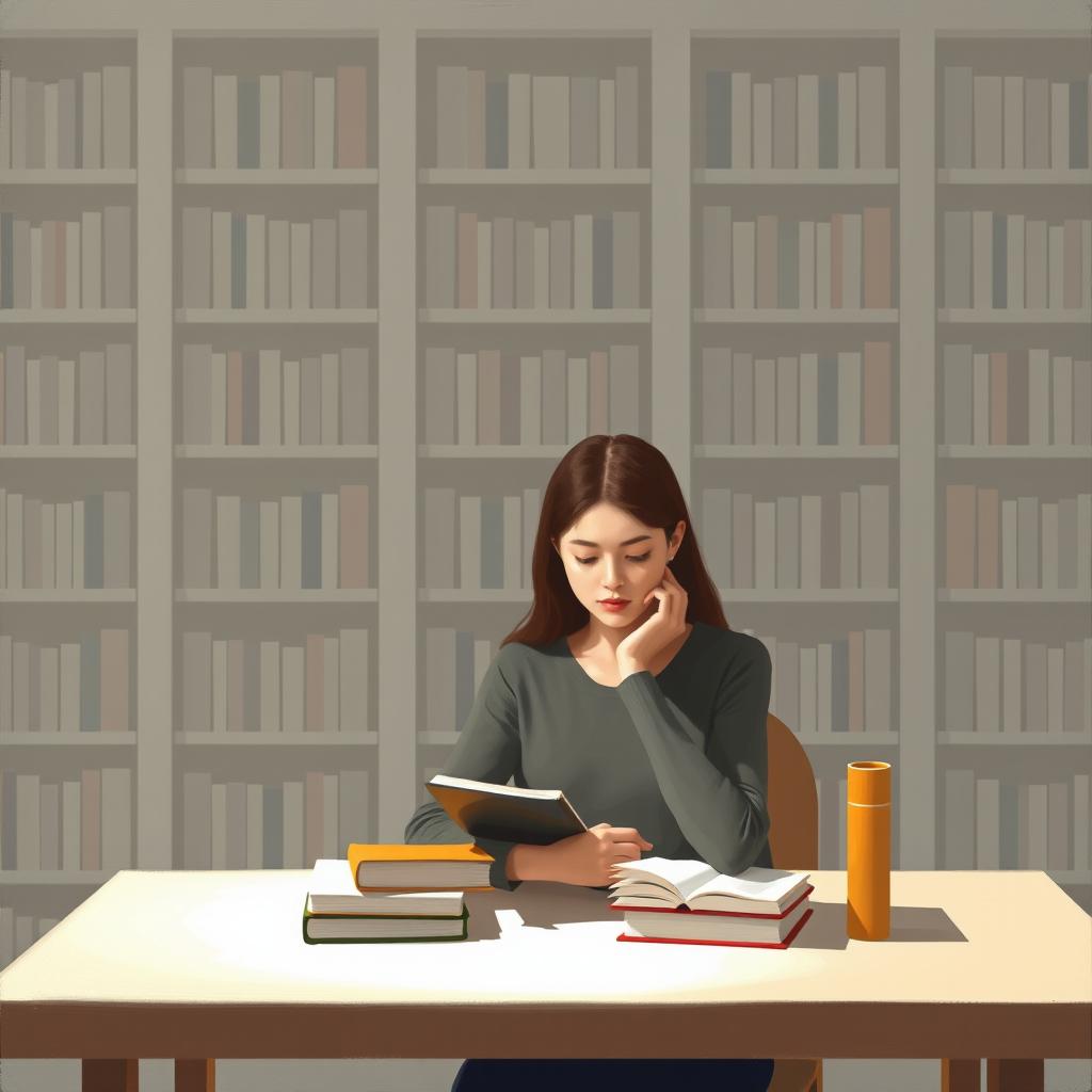 A minimalist and very simple painting of a woman studying in a library