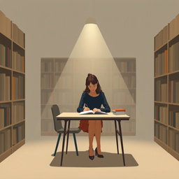 A minimalist and very simple painting of a woman studying in a library