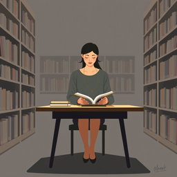 A minimalist and very simple painting of a woman studying in a library