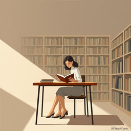 A minimalist and very simple painting of a woman studying in a library