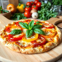 A delicious pizza topped with a colorful array of capsicum (bell peppers) and fresh tomatoes