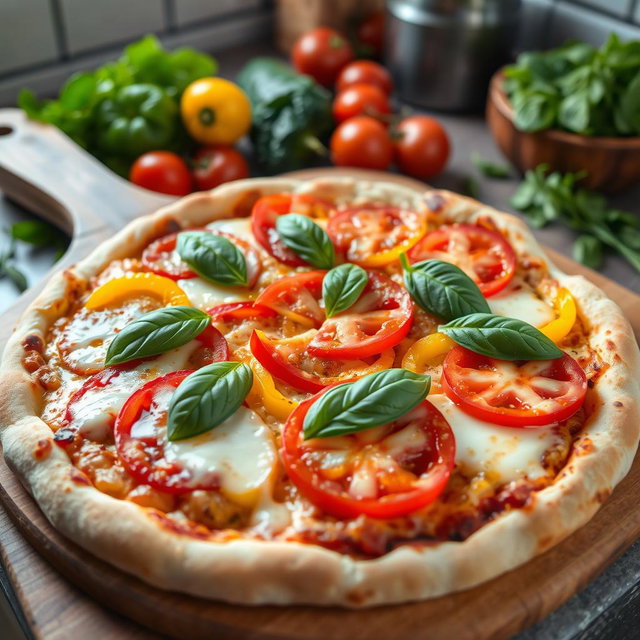 A delicious pizza topped with a colorful array of capsicum (bell peppers) and fresh tomatoes