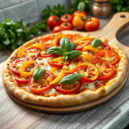 A delicious pizza topped with a colorful array of capsicum (bell peppers) and fresh tomatoes