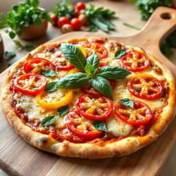 A delicious pizza topped with a colorful array of capsicum (bell peppers) and fresh tomatoes