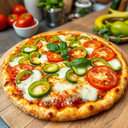 A delicious pizza topped with an array of fresh green capsicum (bell pepper) and ripe tomatoes