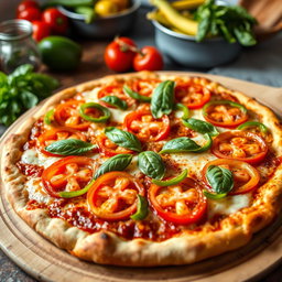 A delicious pizza topped with an array of fresh green capsicum (bell pepper) and ripe tomatoes