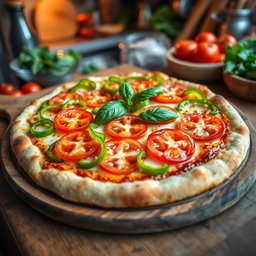 A delicious pizza topped with an array of fresh green capsicum (bell pepper) and ripe tomatoes